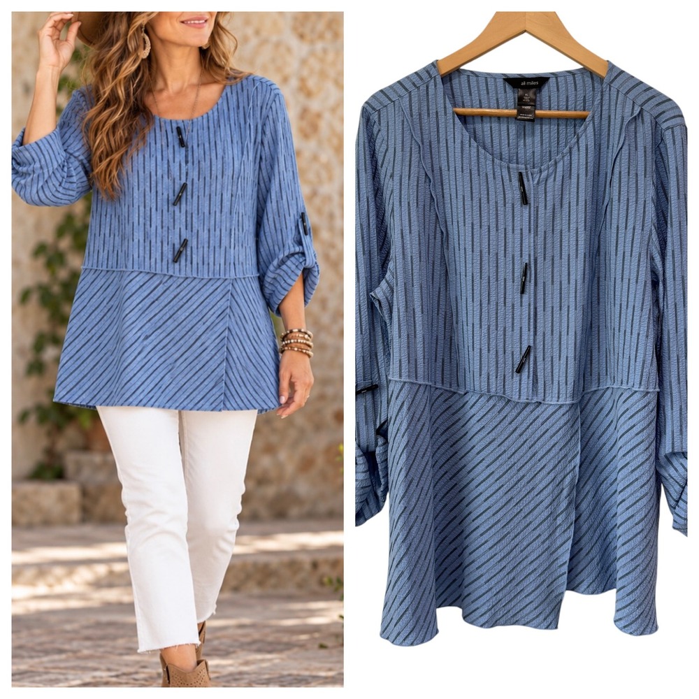 Ali Miles XL Textured Striped Toggle Accent Roll Tab Tunic Top Blue Lagenlook